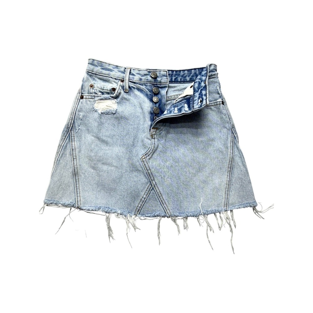 GRLFRND Eva Denim Mini Skirt Womens 23 Blue Distressed Button Fly Raw Hem‎